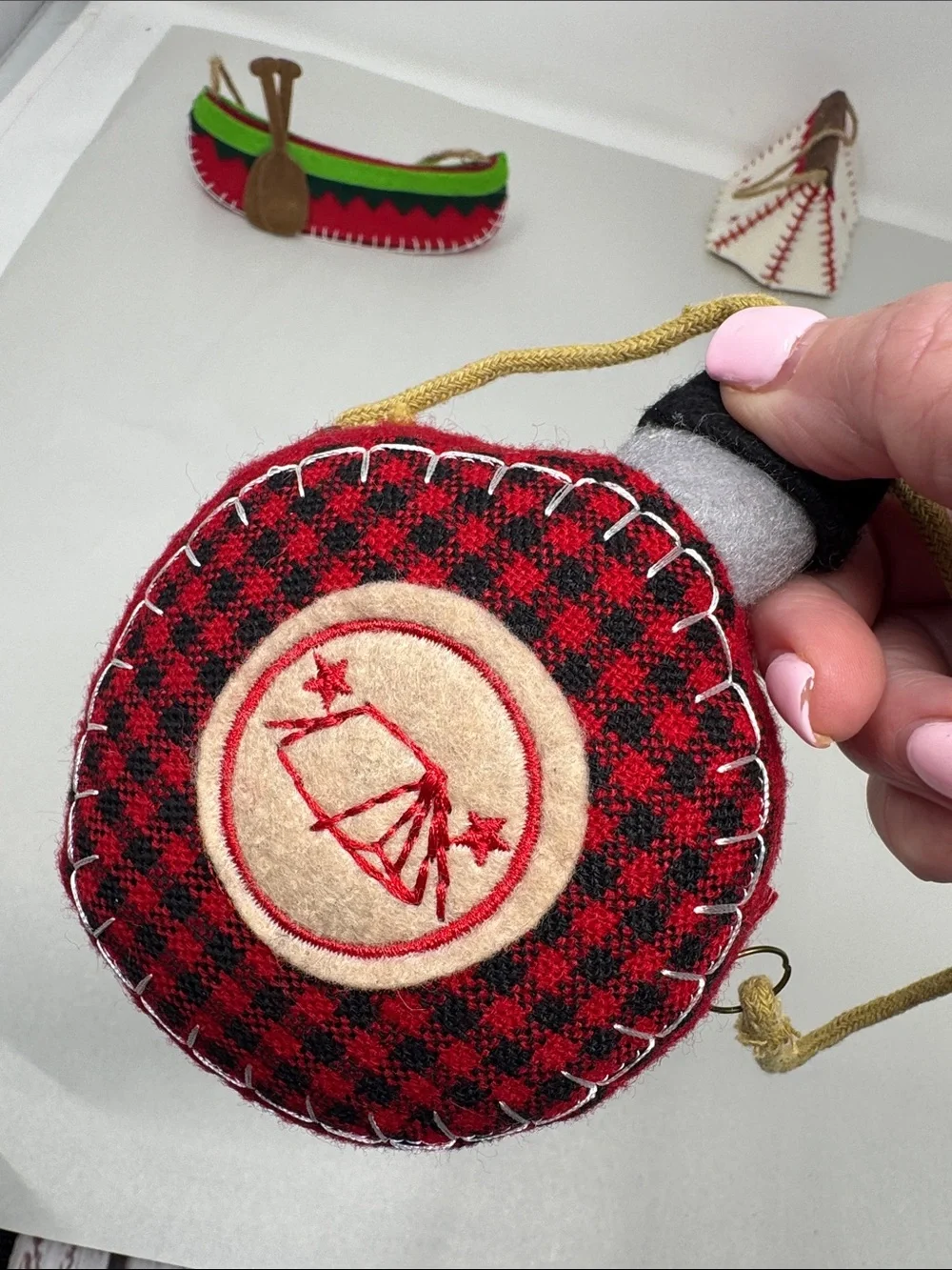 FELT CLOTH CHRISTMAS ORNAMENT LOT OF 3 CANOE TEEPEE CANTEEN CAMPING OUTDOOR